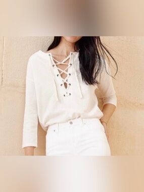Madewell XS Ivory Lace-Up Sweatshirt Top 3/4 Sleeve Pullover